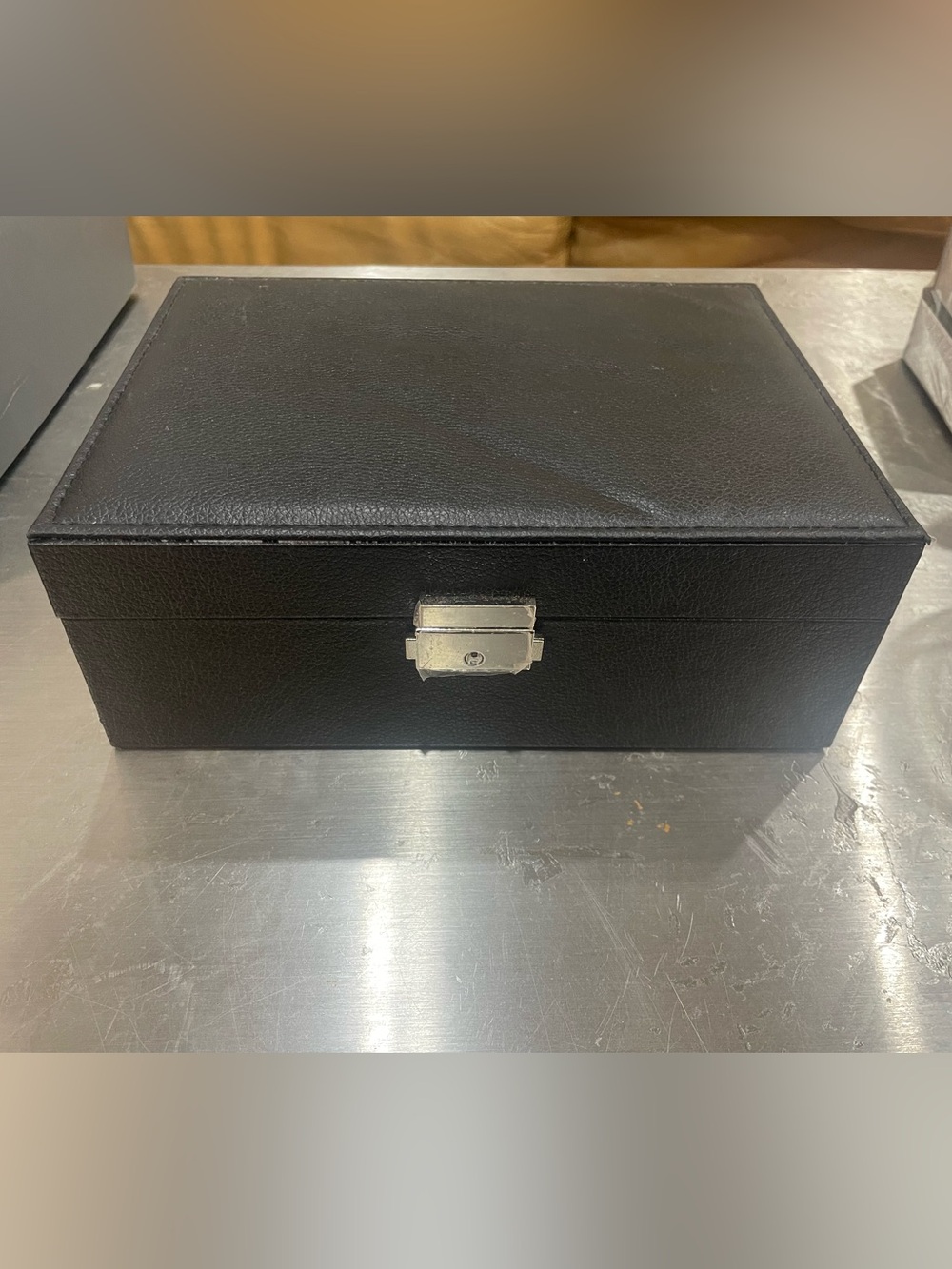 Black Leather Jewelry Storage Box with Metal Latch - Picture 1 of 6